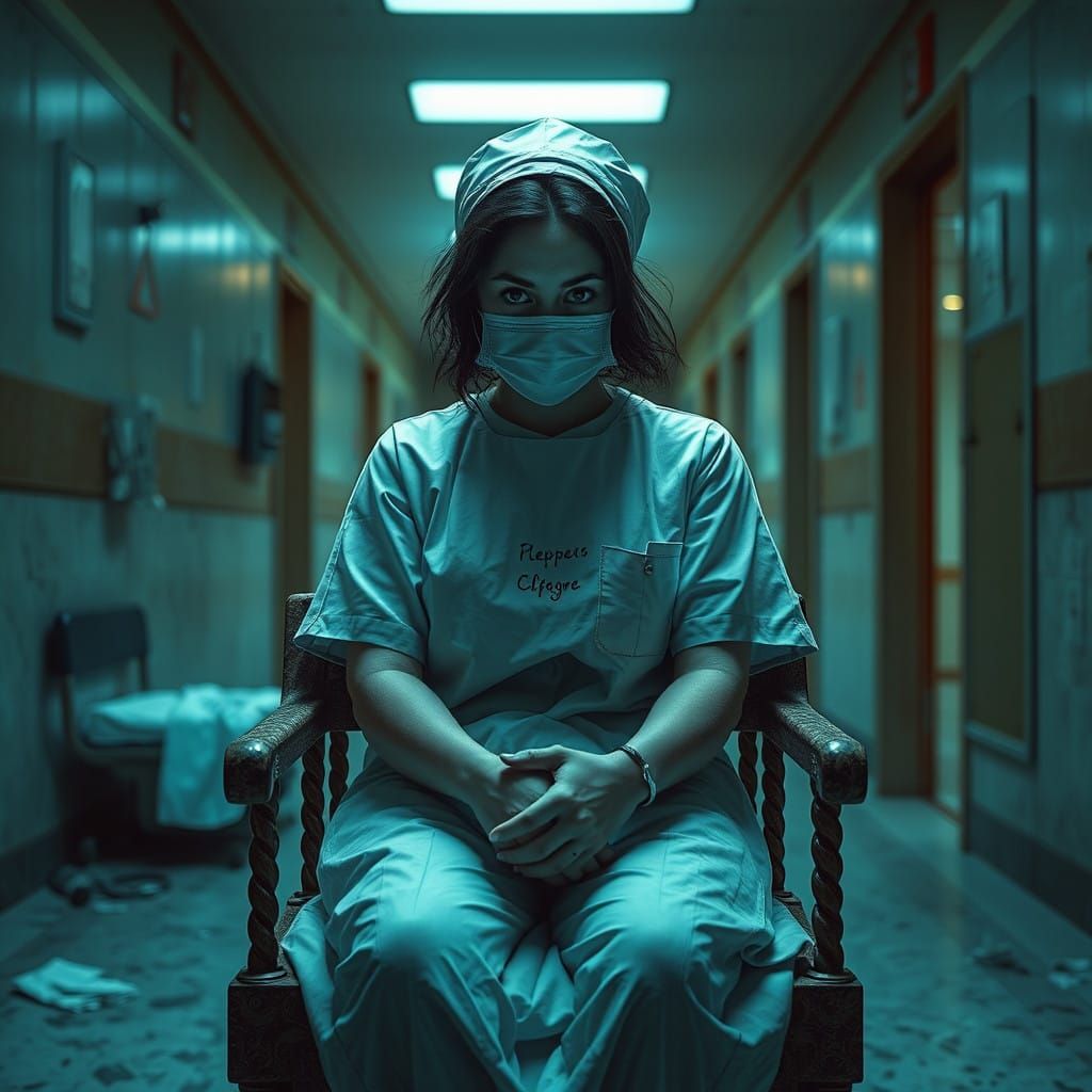 Exhausted Nurse in a Haunting Hospital Scene