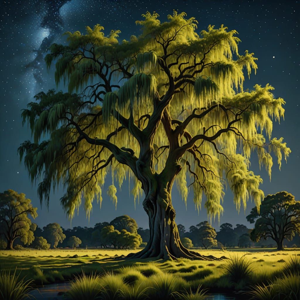 Peaceful Nighttime Scene with Weeping Willow Tree Under Star...