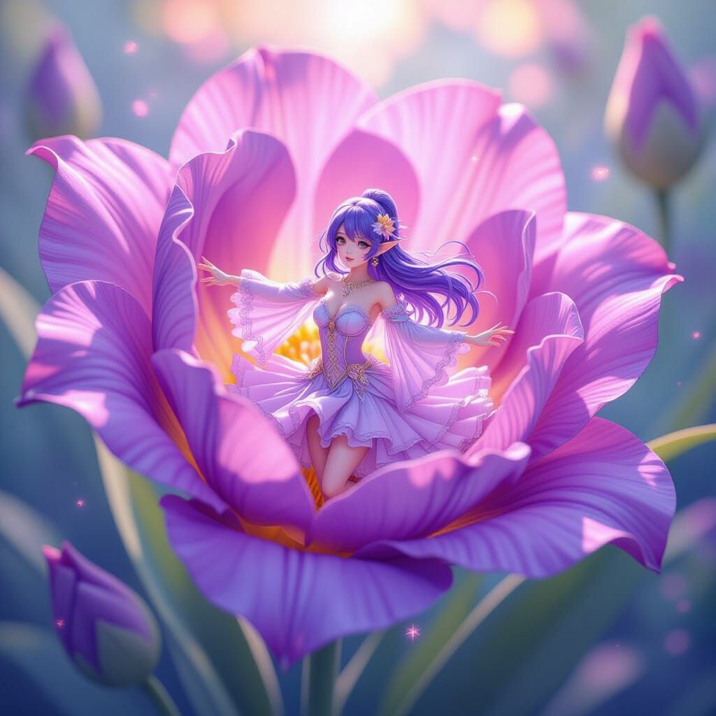 Purple Haired Fairy Trapped in Iris Flower, 3D Anime Art