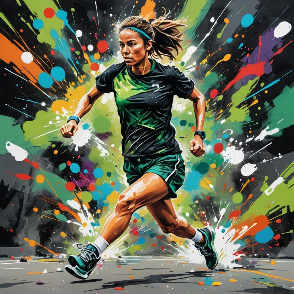 Beautiful woman running in a marathon with an abstract  colo...