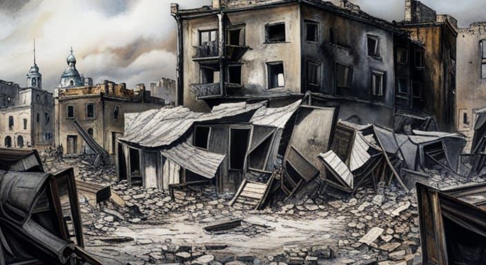Devastating Aftermath of Attack: Poignant Mixed Media Art