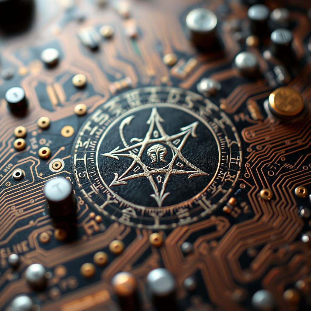 Circuit Board Etched with Demonic Sigils: Photorealistic Ima...