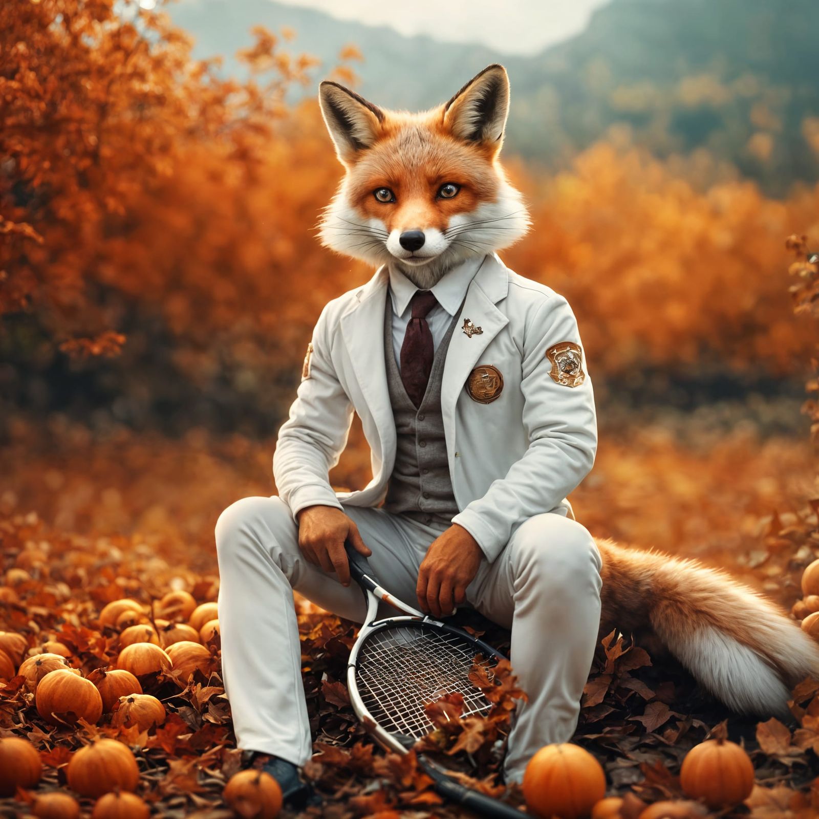 Anthropomorphic Fox Tennis Player in Autumn Landscape