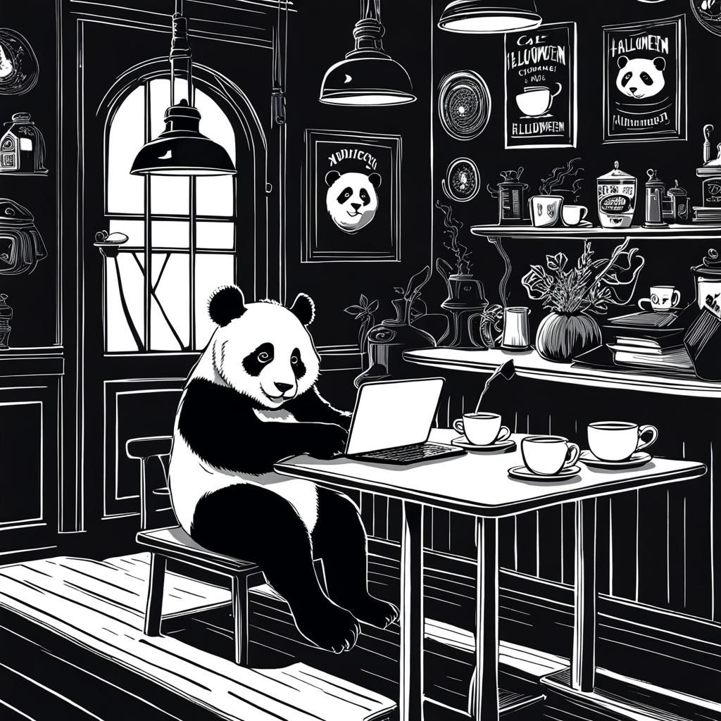 Panda in Witch Hat Drinks Coffee: Halloween Cafe