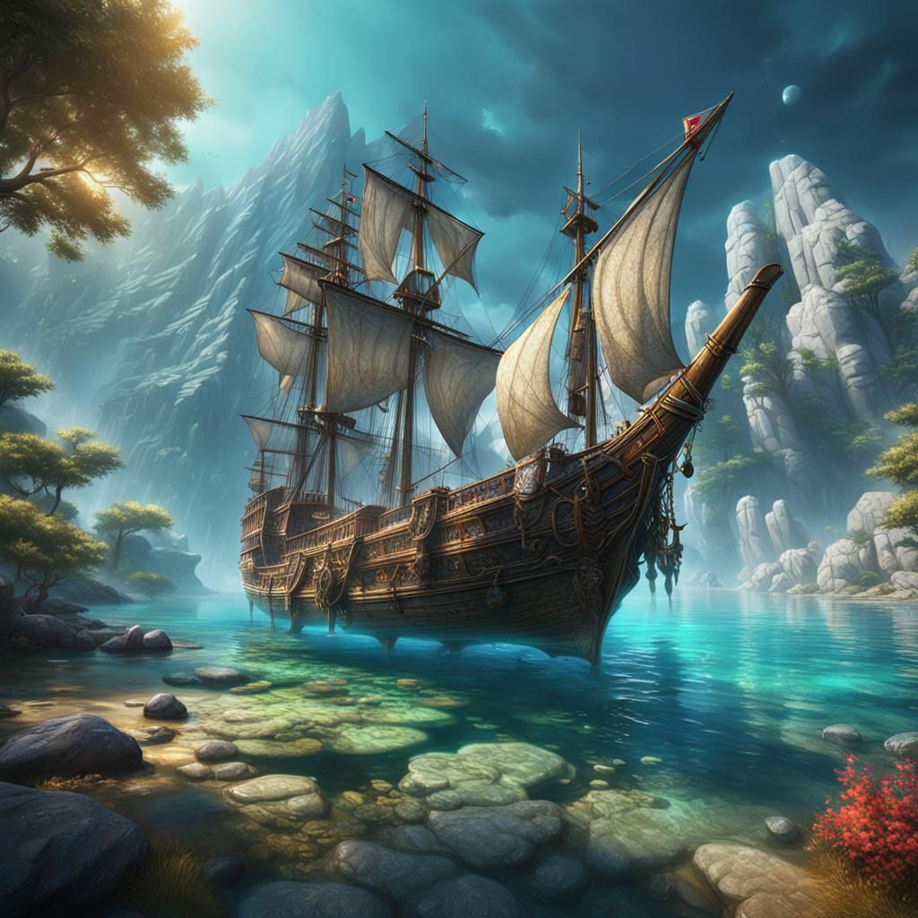 Sloop on Crystal Waters: Detailed Fantasy Art