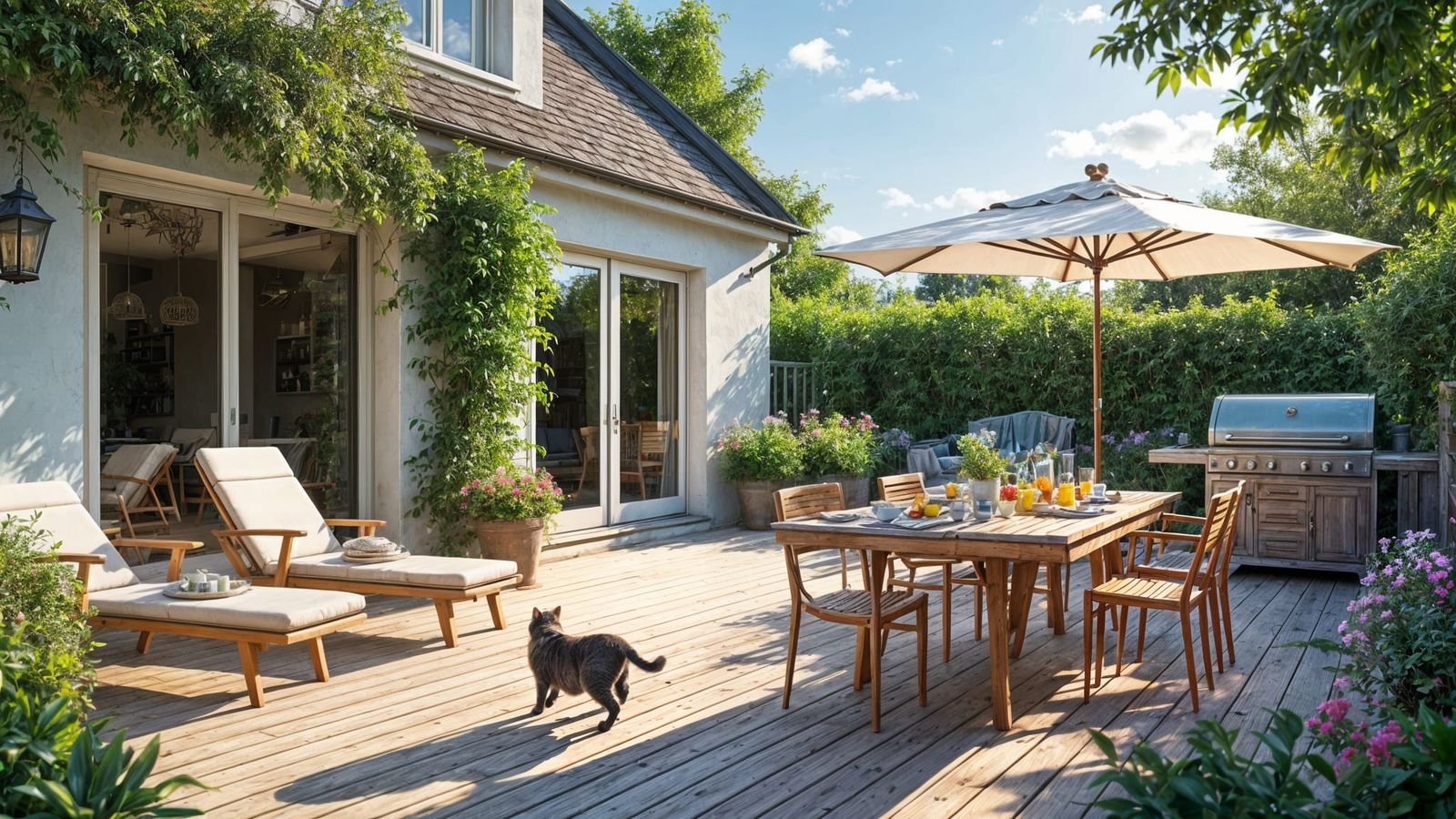 Charming Garden Terrace with Cat in Sunlight