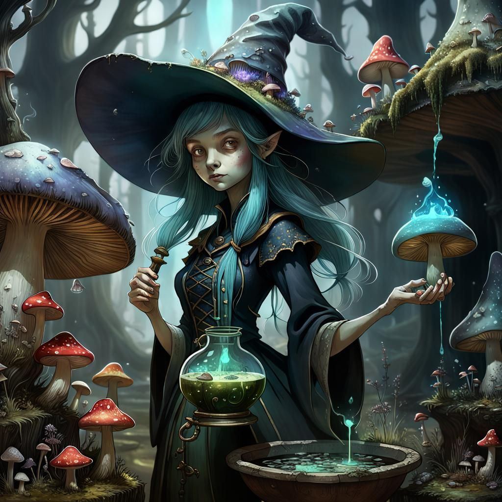 Goblincore Witch Brewing Potion in Fantasy Art Style