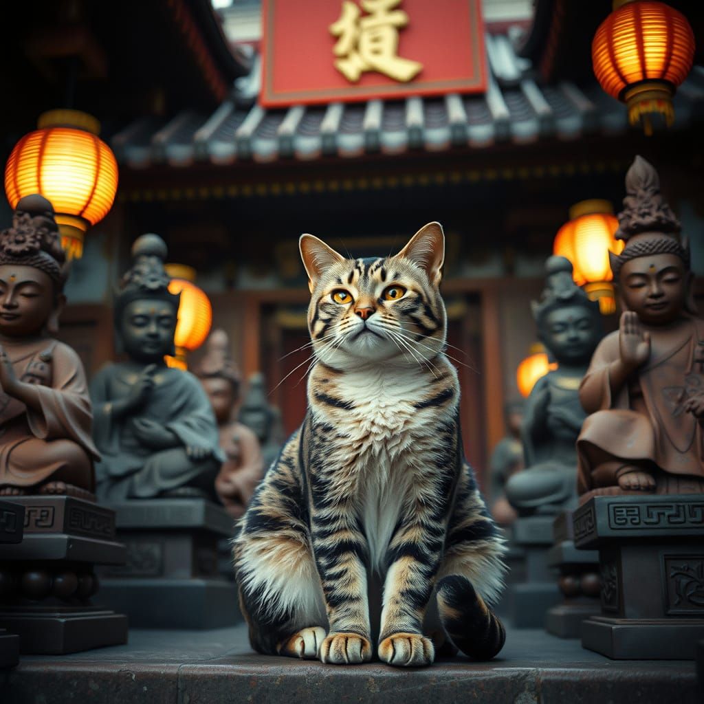Buddhist Temple Cat Among Jizo: Hyperrealistic Cinematic Sti...