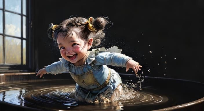 Joyful Girl Splashing in Mud, Hyperrealistic Comic Art