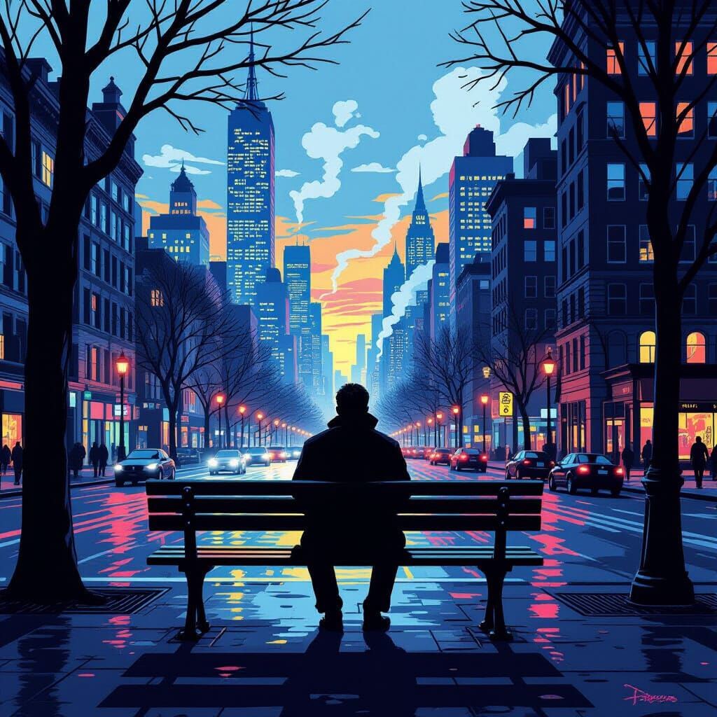 Figure on Park Bench in Dusk Metropolis, Graphic Novel Style
