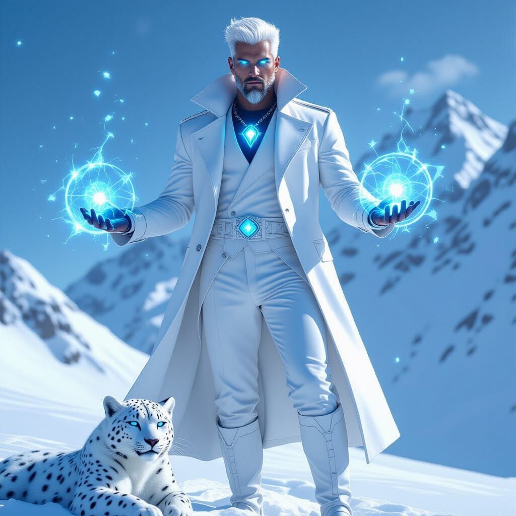 Godlike Figure on Snowy Mountain in Futuristic Style