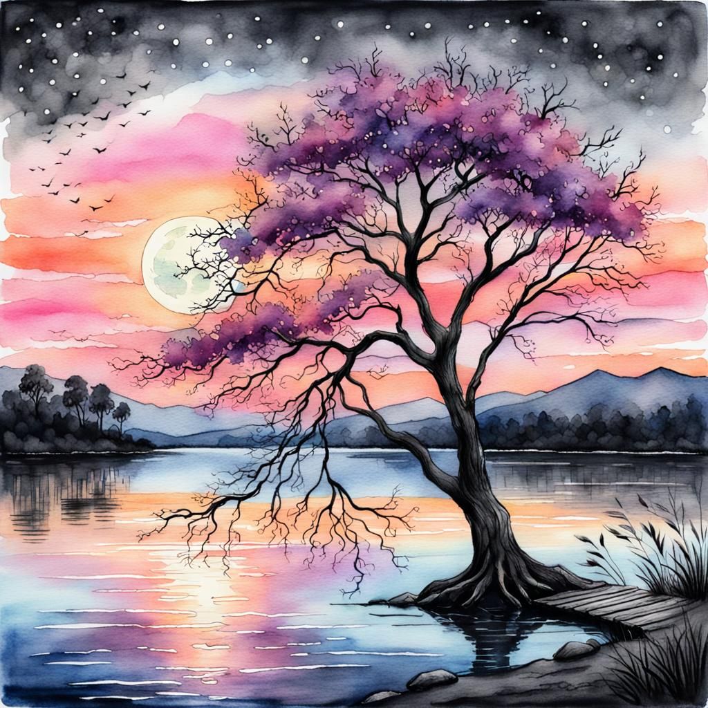 Enchanting Lakeside Scene at Twilight in Watercolor Style