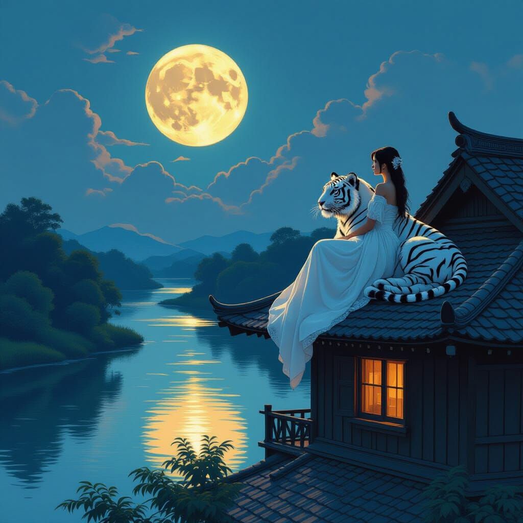 Girl and Tiger Admire Moonlit River