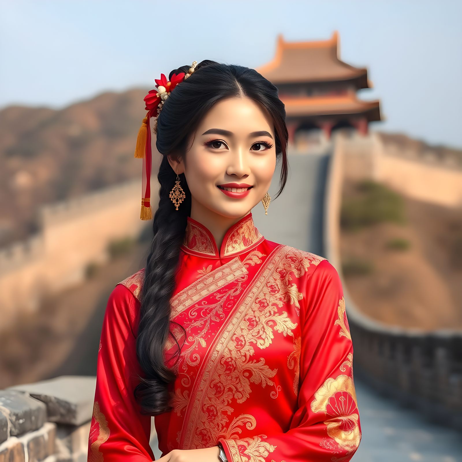 Chinese lady and great wall of China