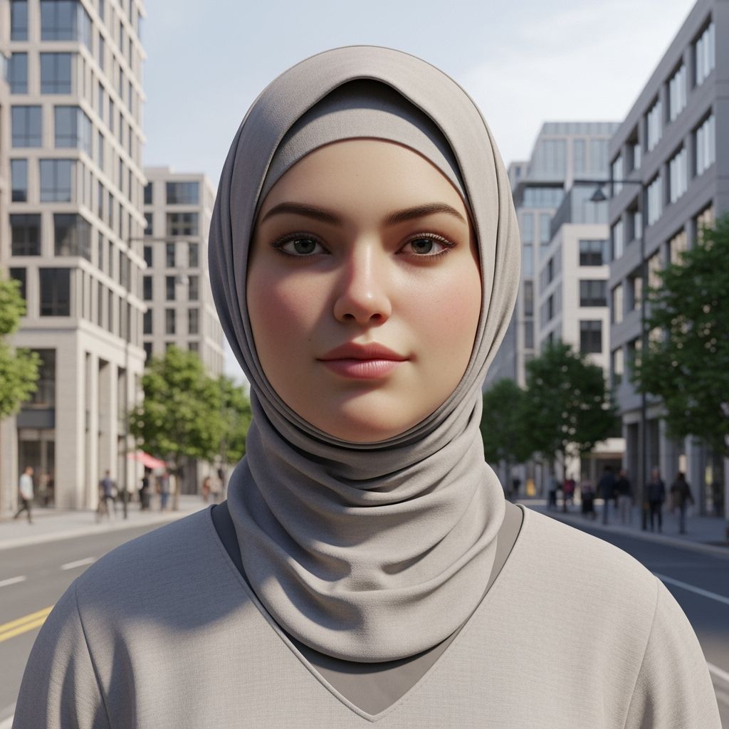 Modest Hijabi Woman in Bustling Modern City