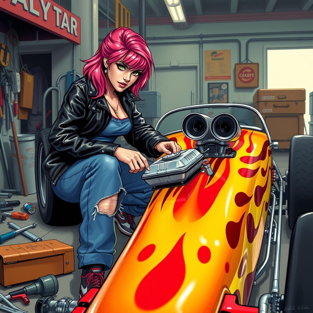 Dragster Mechanic with Pink Hair, Hot Rod Art