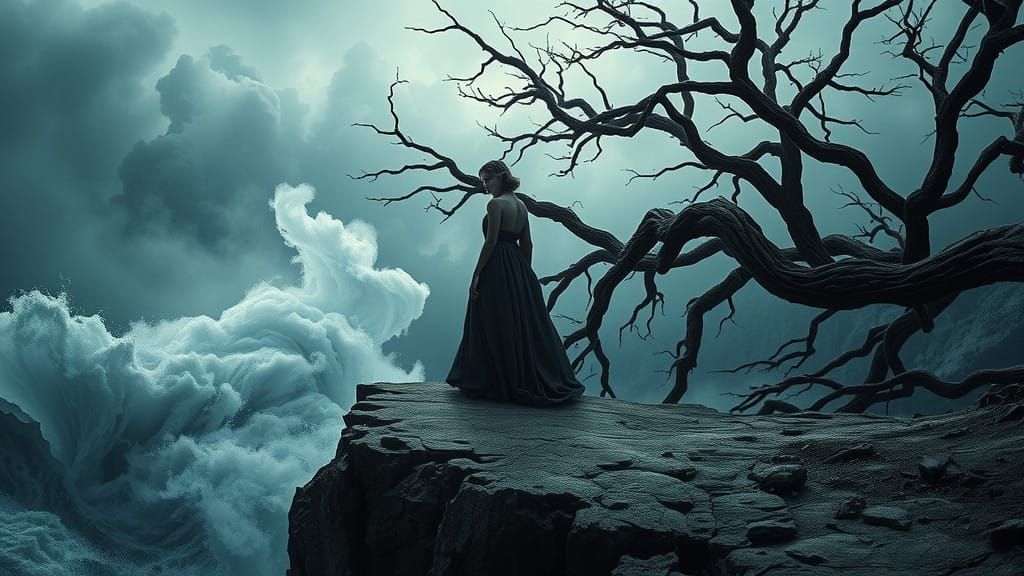 Ethereal Woman on Cliffside, Lost in Turbulent Storm