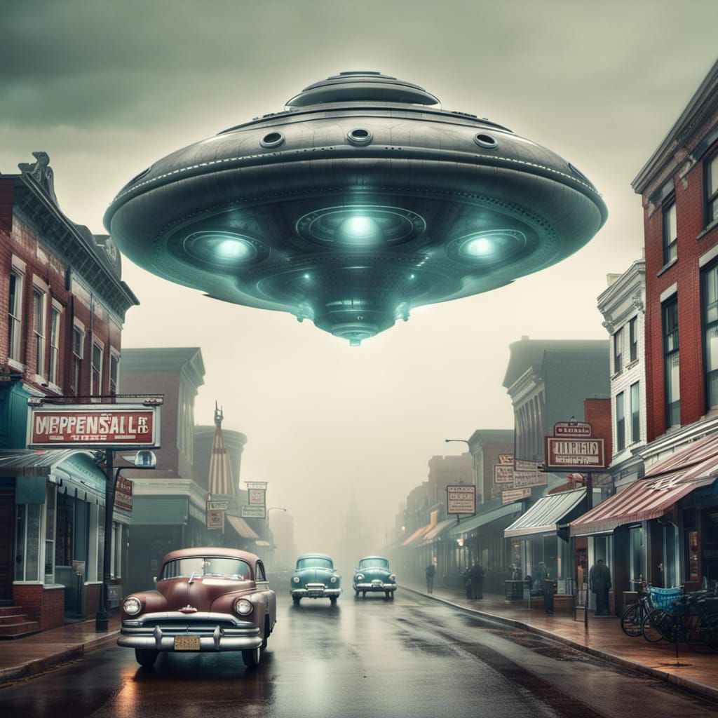 Giant Alien Spaceships Over 1950s Main Street