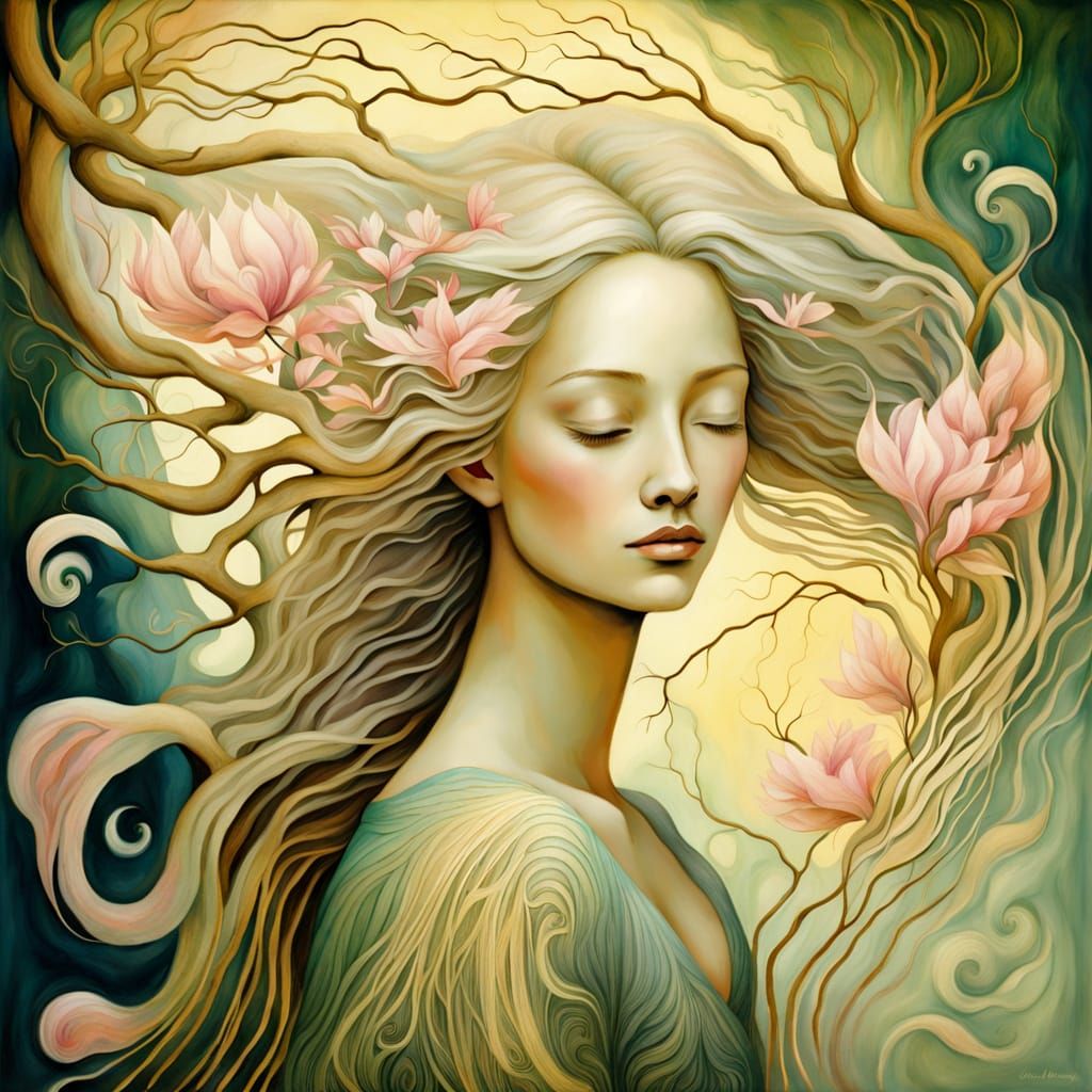 Surreal Blossom Scene in Watercolor Style