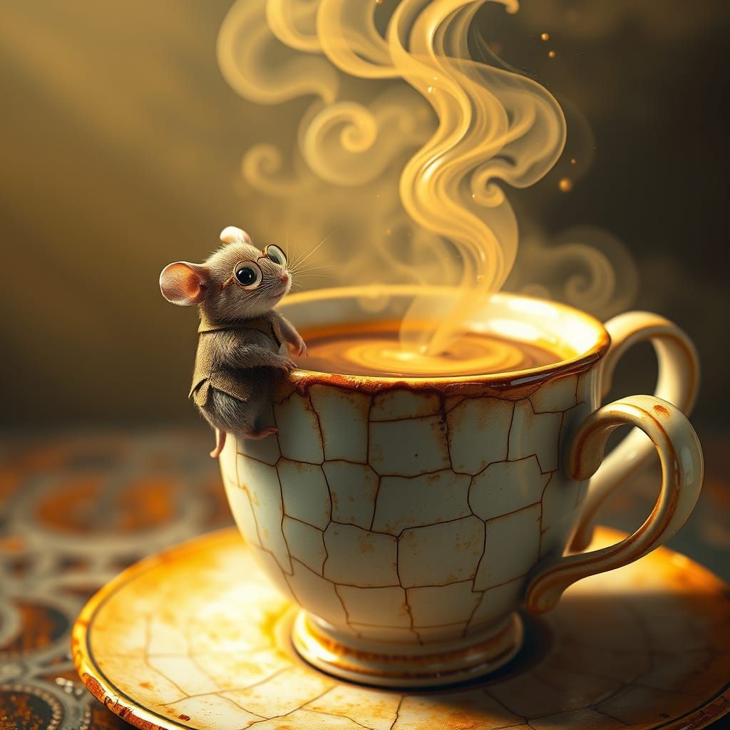 Whimsical Mouse Sips Coffee in Futuristic Landscape