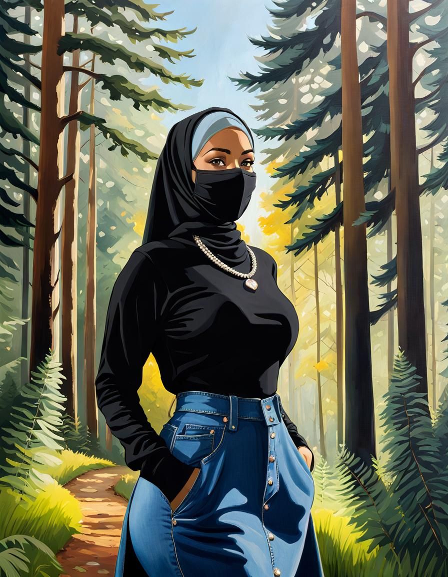 Enticing Woman in Hijab Amidst Lush Forest: Oil Painting