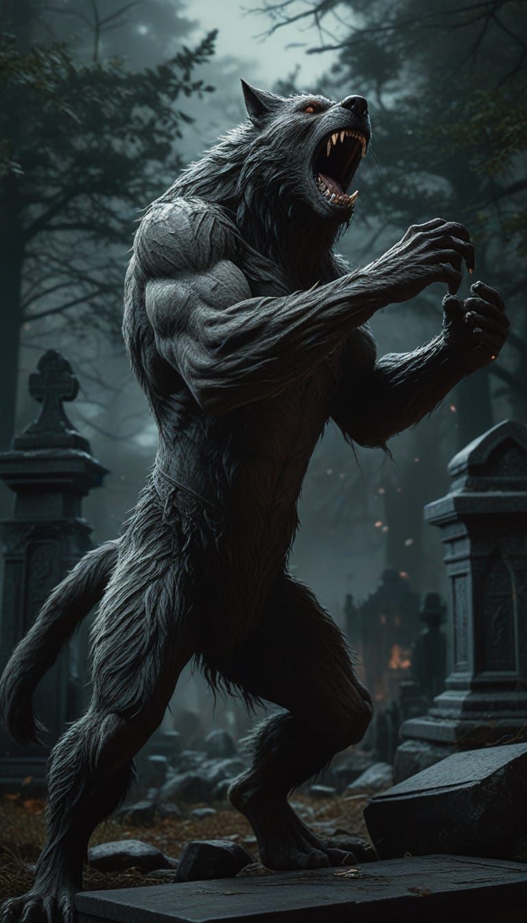 Epic Werewolf Tombstone Toss in Dramatic Digital Painting