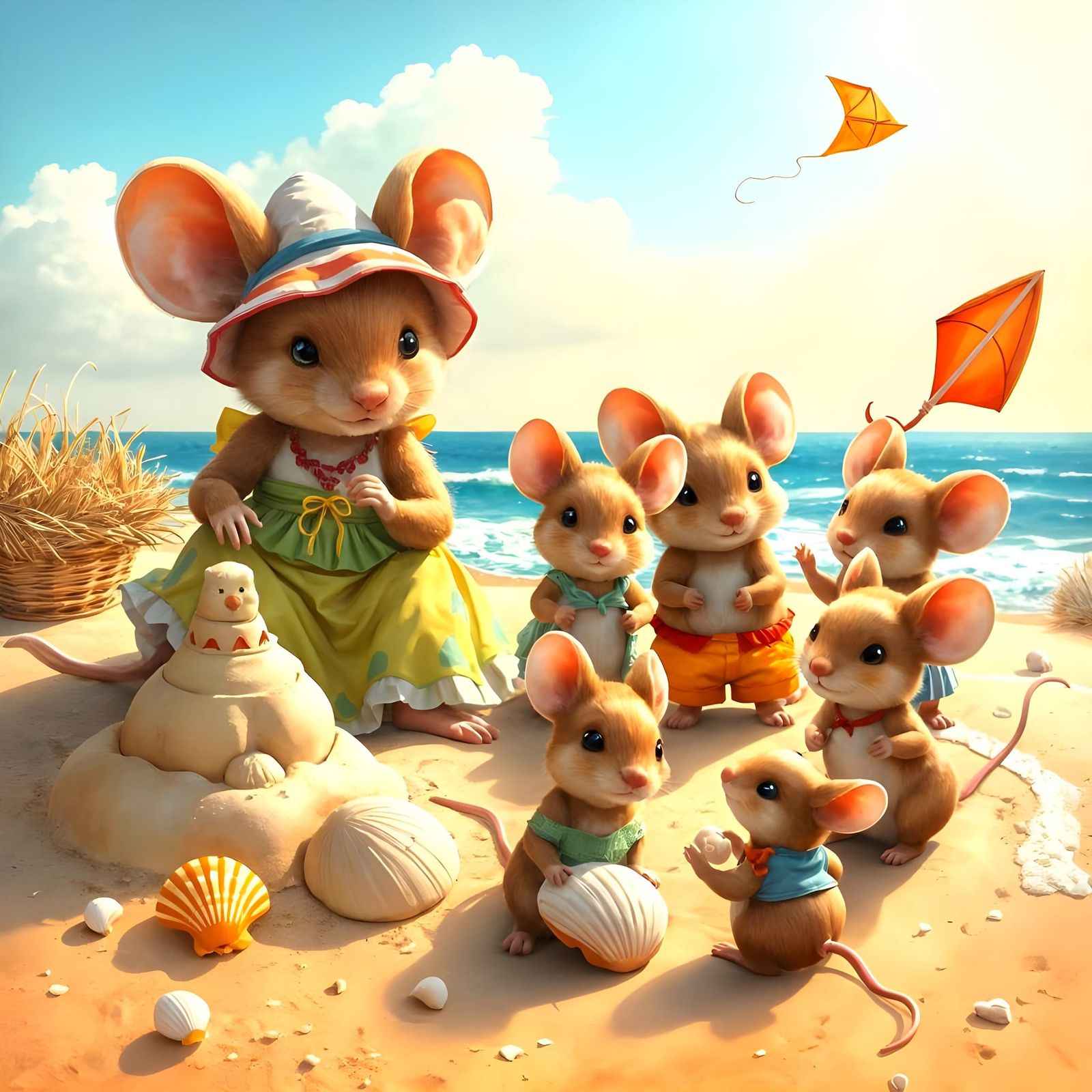 Mouse Family Enjoying a Fun Beach Vacation