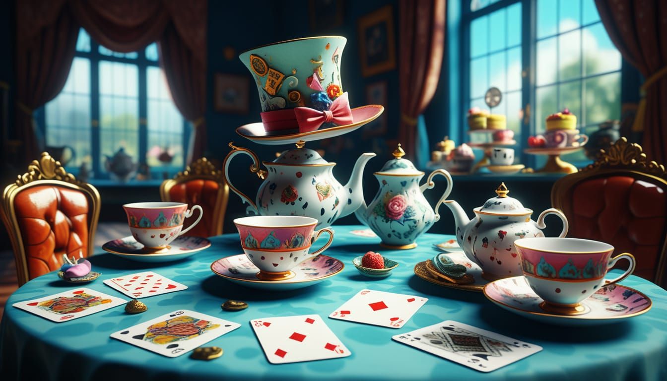 Mad Hatter's Tea Party: Surreal Whimsical Illustration