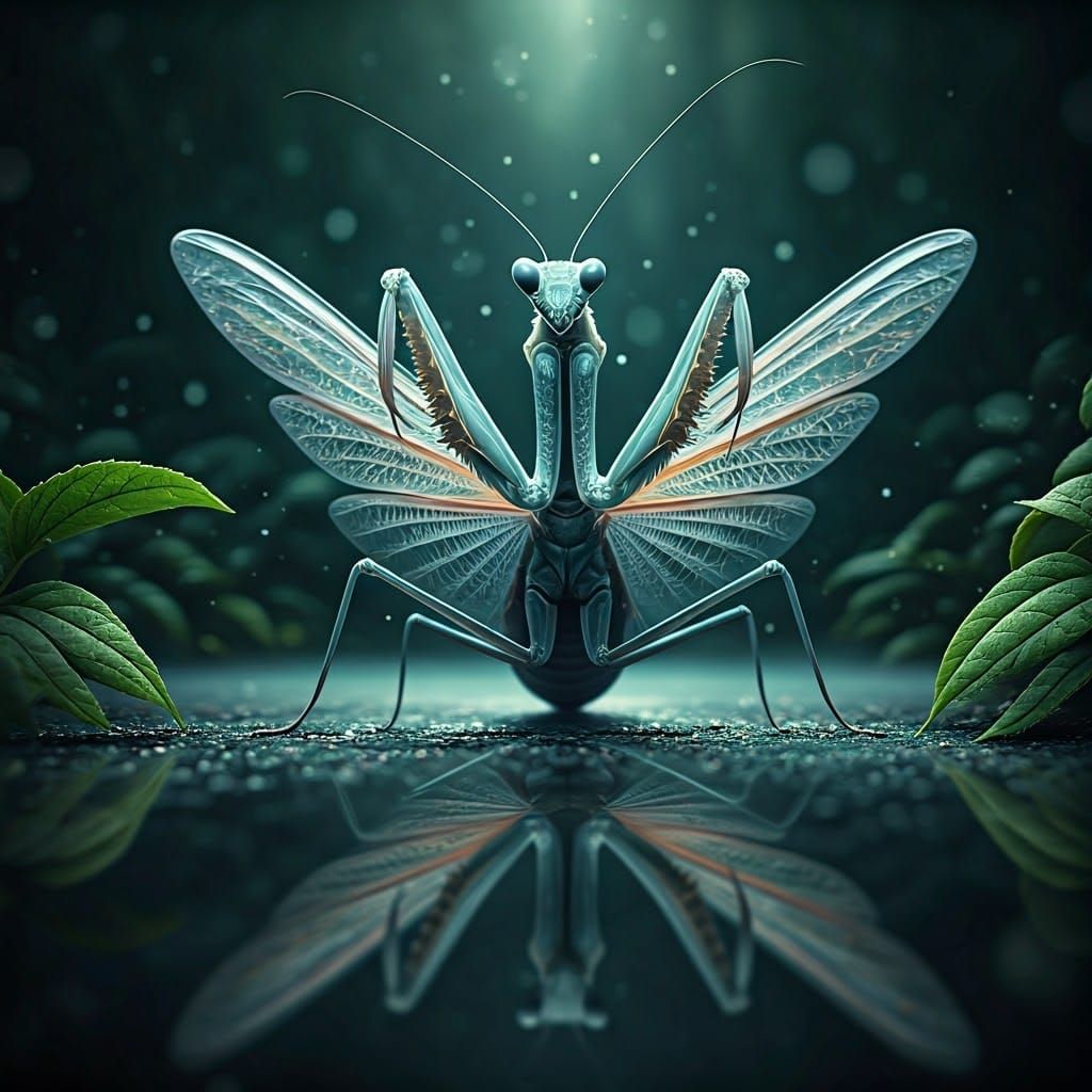 Glass Praying Mantis Reflected in Dreamscape Forest