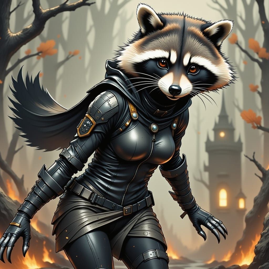 A raccoon superhero in a black super suit with metal claws, ...