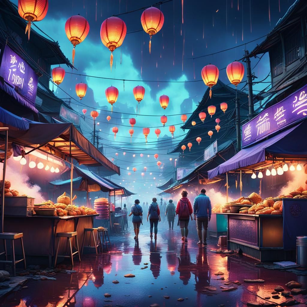 Epic Nighttime Street Food Festival in Vibrant Thai Cityscap...