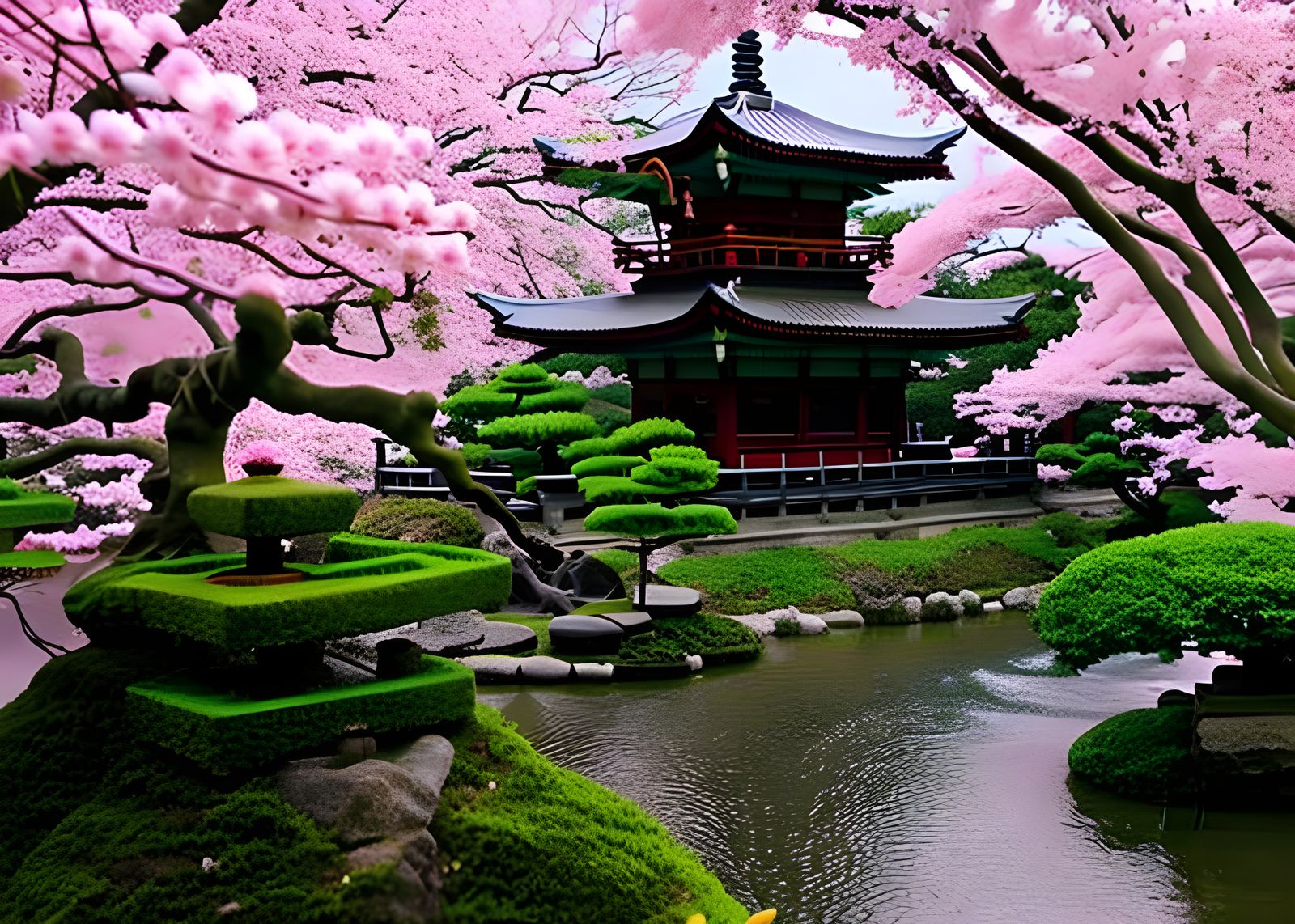 Japanese Temple with Cherry Blossoms and Bonsai