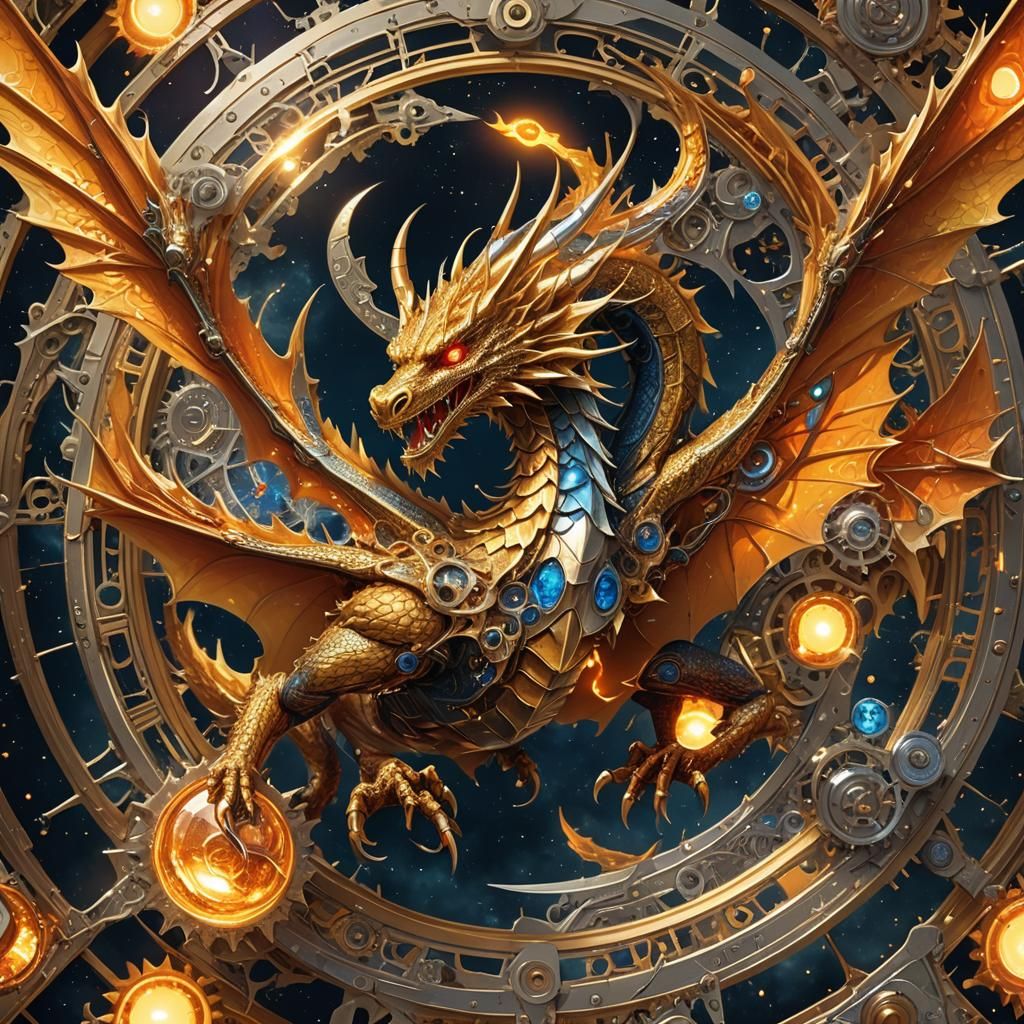 Golden Clockwork Dragon Circles the Sun in Space
