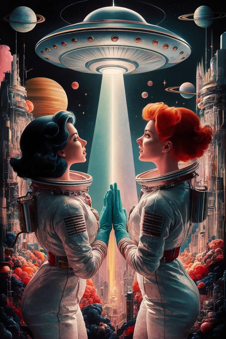 Women in Space Suits Gaze at UFO, Gouache Style