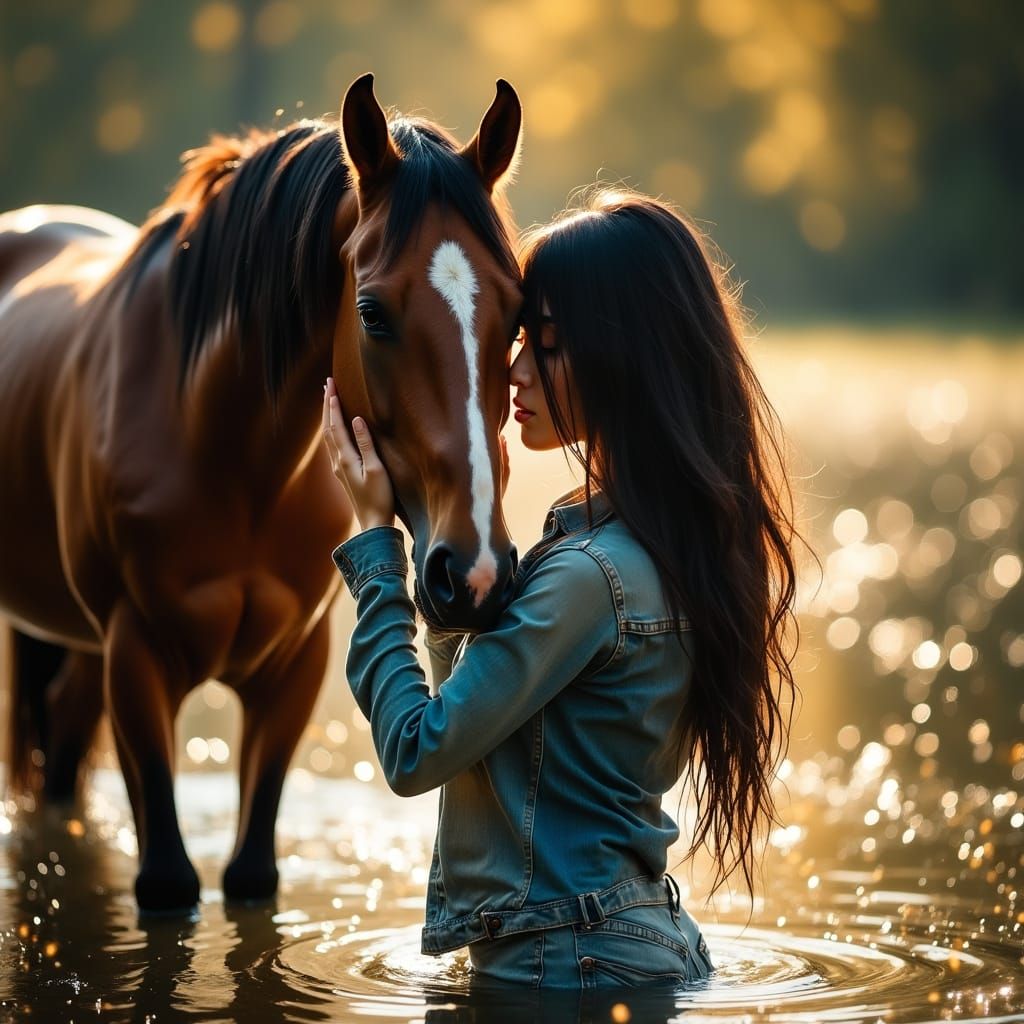 Woman and Appaloosa Horse in Ethereal Lake Landscape