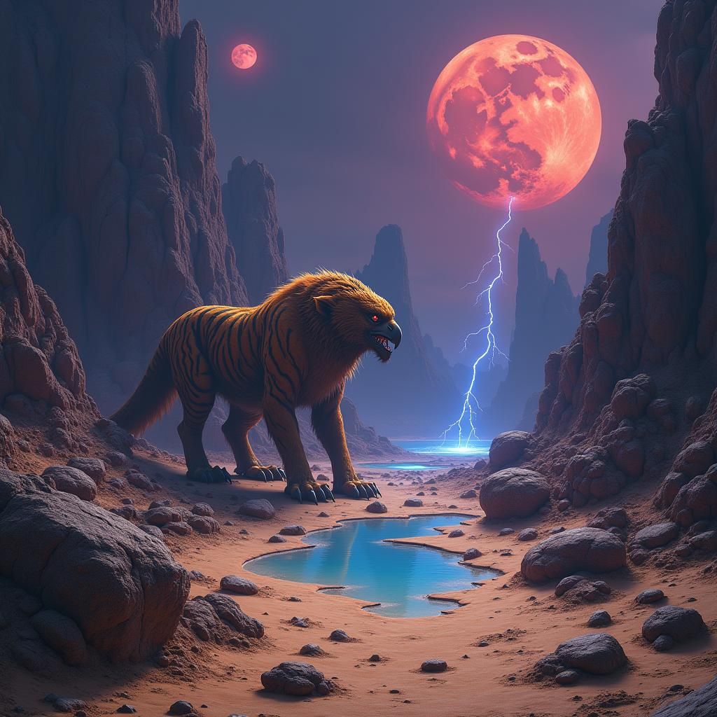 Eerie Alien Landscape with Eagle-Headed Beast