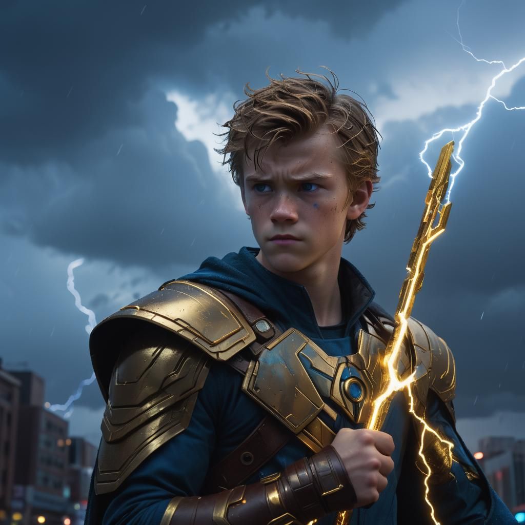 Stormbreaker: Hero in a Stormy Cityscape