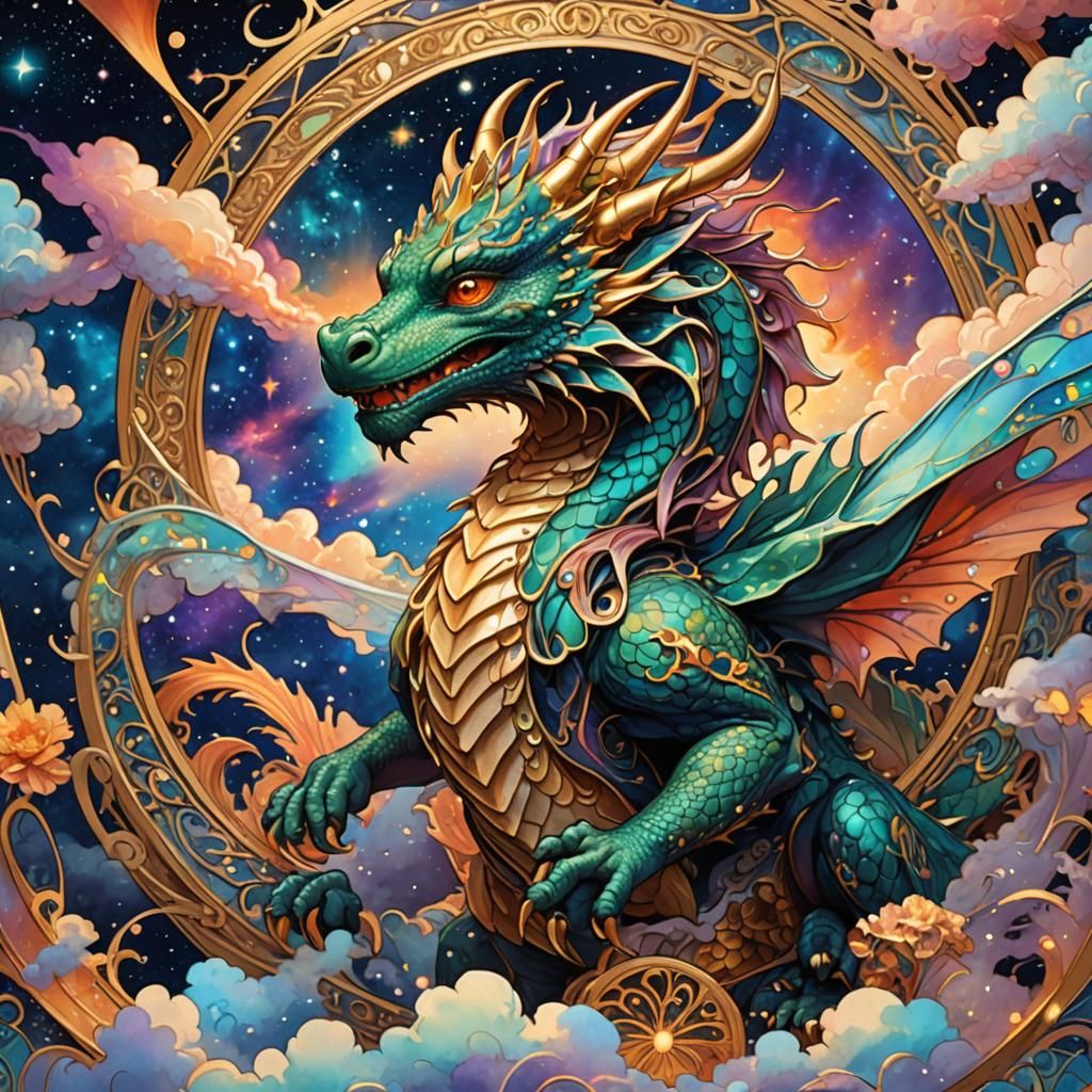 Art Nouveau Chibi Dragon in Astral Cosmic Clouds