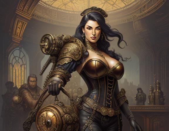 Jules Verne-inspired steampunk. Medium shot. A curvy, plus-s...