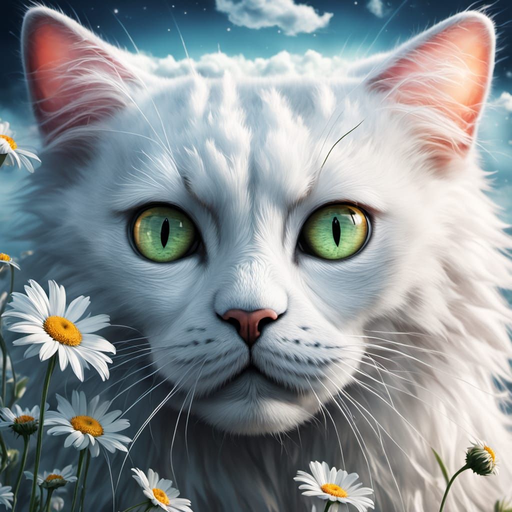 Surrealistic Cat in Dreamy Clouds, Inspired by Yoshitaka Ama...