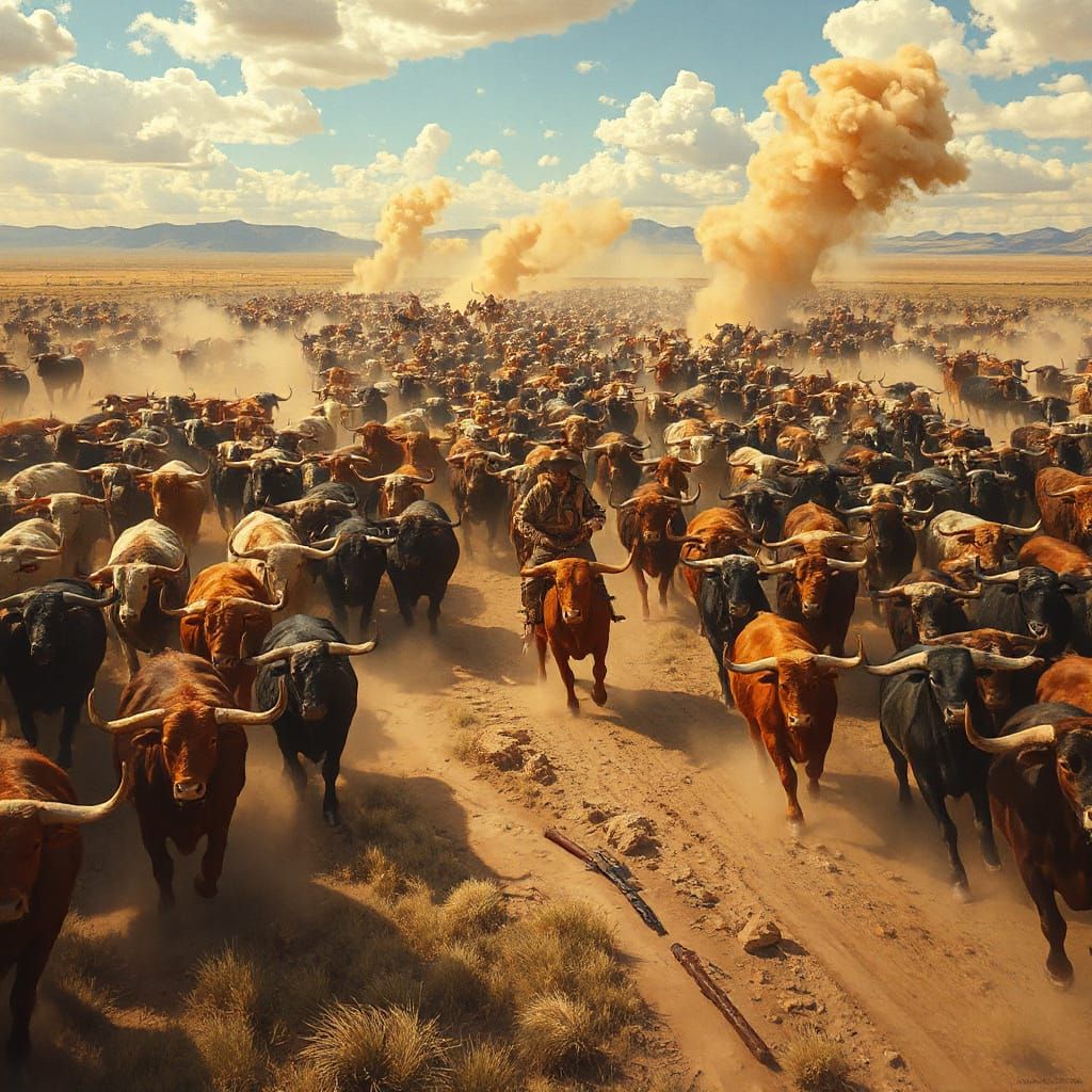 Epic Longhorn Stampede in Vibrant Oil Painting Style
