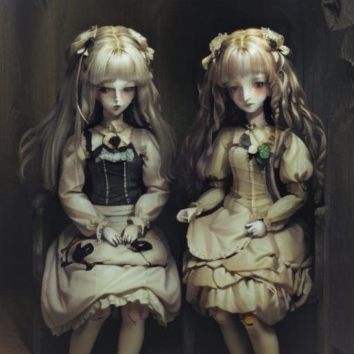 Vintage Dolls Tea Party in Dollhouse - Storybook Illustratio...