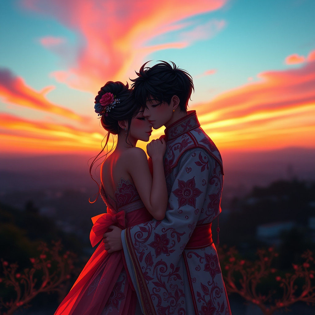 Anime Couple Embrace at Sunset in WLOP Style