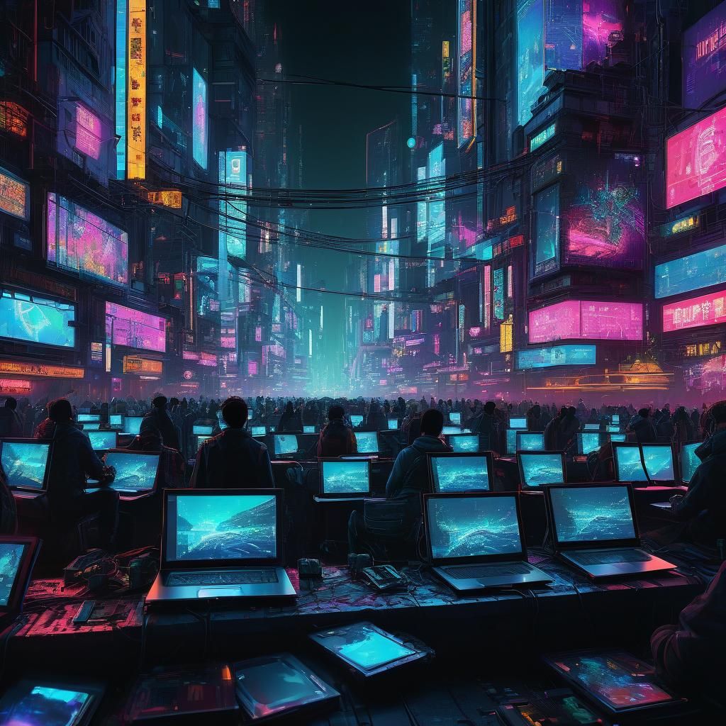 Cyberpunk Cityscape with Laptop Characters in Neon Noir