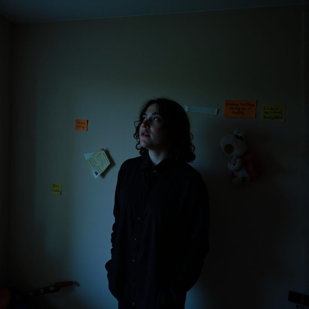 Introspective Musician in Dimly Lit Room