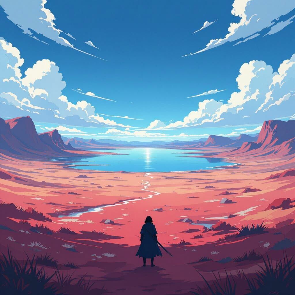 Anime Battleground with Serene Lake Backdrop