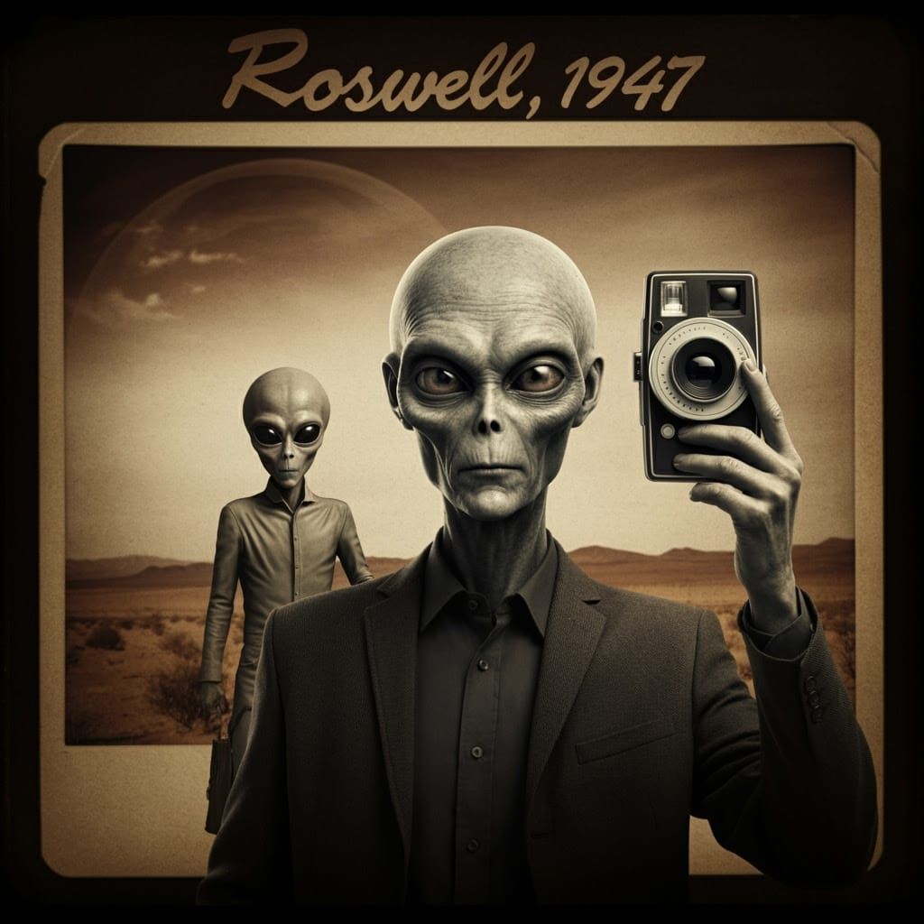 Vintage Alien Selfie in 1950s Desert Landscape