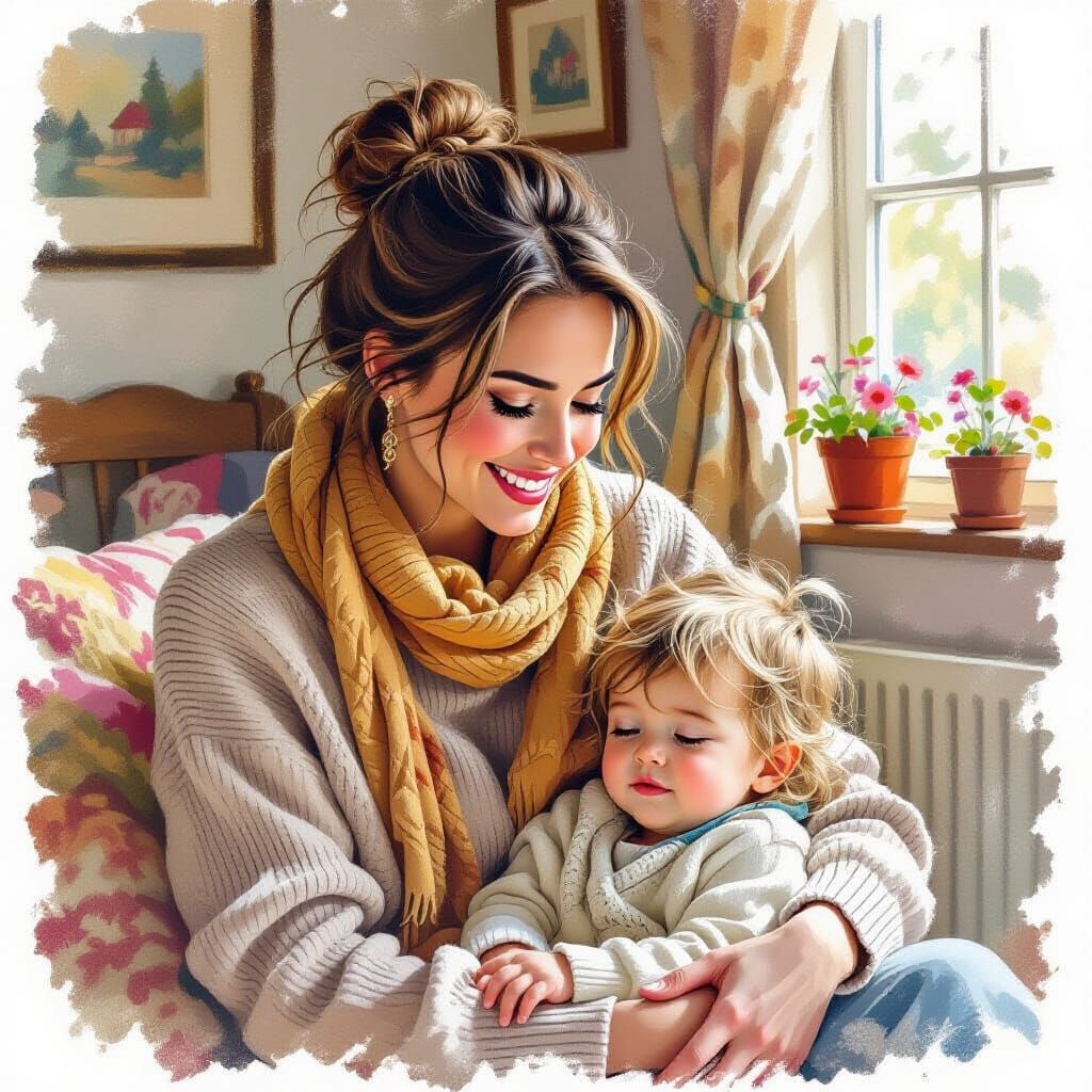 Mother's Gentle Gaze on Child's Mischief in Cozy Home