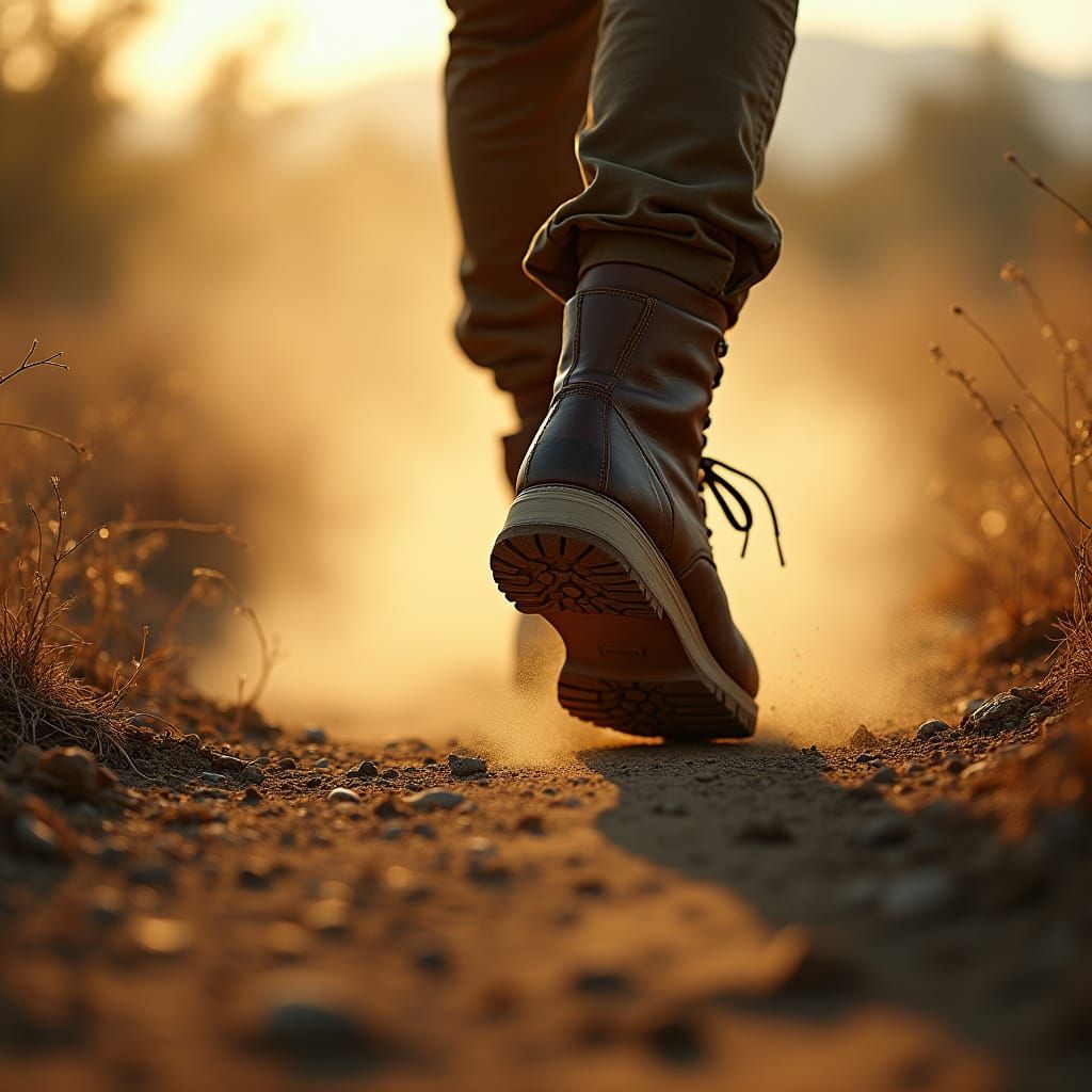 Worn Hiking Boot Steps Forward on Dusty Trail