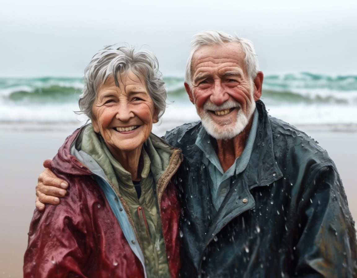 Happy Elderly Couple Portrait on Rainy Beach